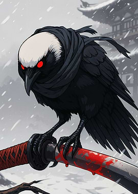 Samurai Crow with Bloody Katana