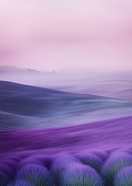 Dreamlike Misty Lavender Field Landscape in Purple