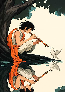 Boy playing flute for a bird