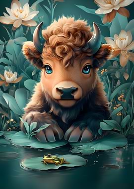 Cute Calf with Frog in Pond