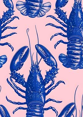 Blue Lobster Pattern on Pink Background