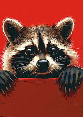 Raccoon Portrait on Red Background