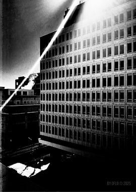 Black and White Building with Sun Rays