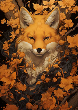 Fox Portrait with Floral Surroundings