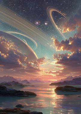 Exoplanet Landscape with Rings and Clouds