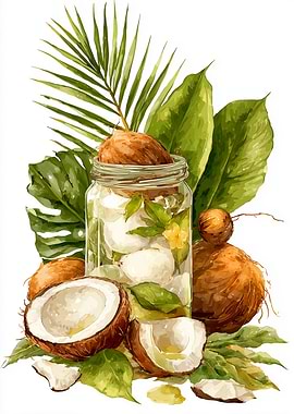 Watercolor Coconut Still Life