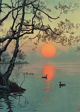 Sunset Lake with Ducks and Tree
