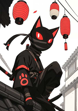 Ninja Cat with Red Lanterns