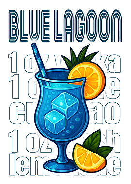 Blue Lagoon Cocktail Art Print – Vibrant Vodka & Curaçao Drink Recipe Wall Decor for Bar, Kitchen, or Lounge
