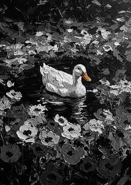 Duck in a pond of flowers