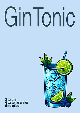 Gin and Tonic Cocktail Art Print – Crisp Botanical Drink Recipe Wall Decor for Bar, Kitchen, or Lounge
