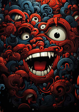Abstract Red and Blue Monster Face
