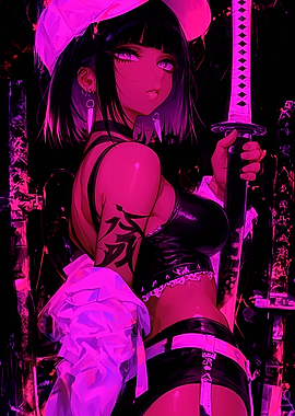 Anime Girl with Katana in Pink