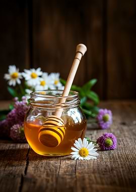 Honey jar with dipper and flowers