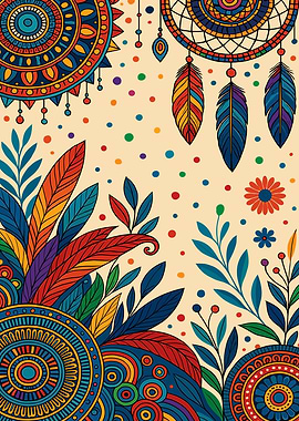 Colorful Dreamcatcher and Floral Illustration