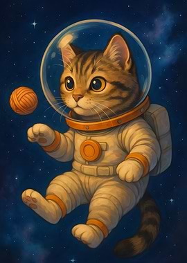Astronaut Cat with Yarn in Space