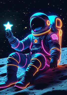 Neon Astronaut with Star on Moon