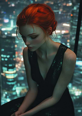 Redhead in Black Dress, City View