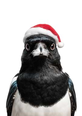 Magpie wearing a Santa hat