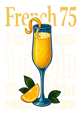 French 75 Cocktail Art Print – Elegant Champagne & Gin Drink Recipe Wall Decor for Bar, Kitchen, or Lounge
