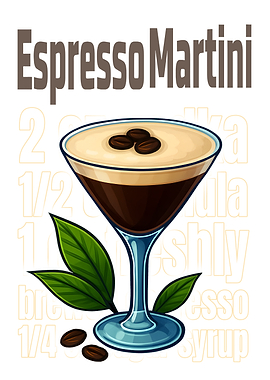 Espresso Martini Cocktail Art Print – Coffee Liqueur Drink Recipe Wall Decor for Kitchen, Bar, or Lounge
