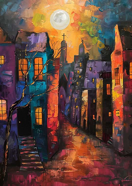 Moonlit European Cityscape Painting
