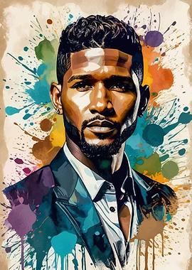 Usher Portrait with Watercolor Splatters