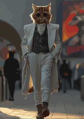 Cat in Suit Walking in City