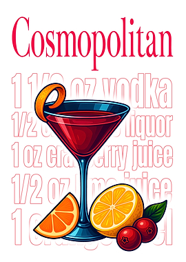 Cosmopolitan Cocktail Art Print – Chic Pink Drink Recipe Wall Decor for Kitchen, Bar, or Lounge