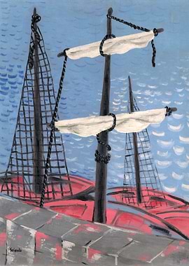 Red Boats at Dock Painting