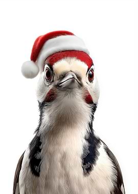 Woodpecker wearing a Santa hat