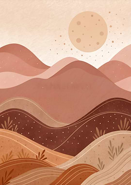 Boho Desert Landscape with Terracotta Sun and Layered Hills – Earthy Organic Art