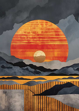 Abstract Landscape with Sun and Mountains