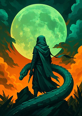 Hooded Rogue with Dragon Under Moonlight