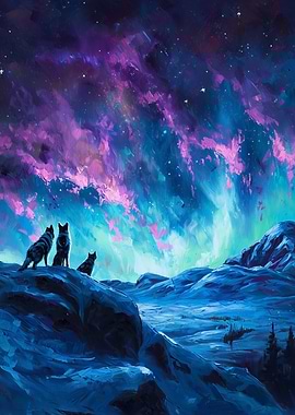 Wolves under Aurora Borealis Painting