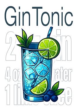 Gin and Tonic Cocktail Art Print – Crisp Botanical Drink Recipe Wall Decor for Bar, Kitchen, or Lounge