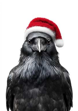 Raven wearing a Santa hat
