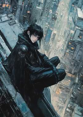 Cyberpunk Character on Skyscraper Edge