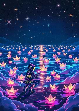 Glowing Paper Boats on Water with Starry Sky