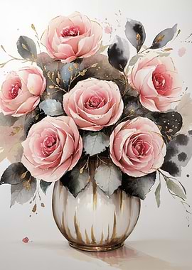 Watercolor Roses in Vase