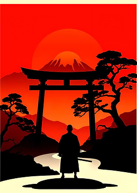 Samurai Silhouette at Torii Gate Sunset