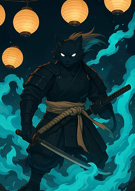 Samurai Cat Warrior with Swords