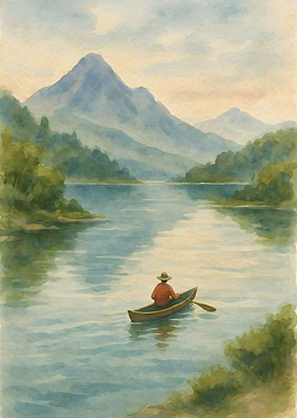 Watercolor Lake Scene with Canoe