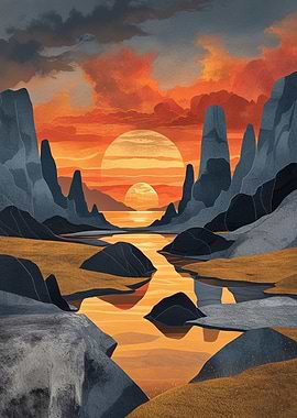 Abstract Landscape with Sunset and River