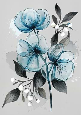 Watercolor Blue Flowers with Dark Leaves