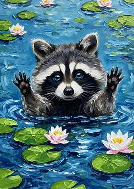 Raccoon in Lily Pond Painting