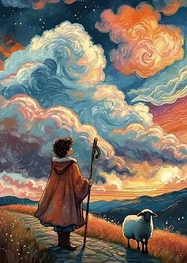 Shepherd and Sheep at Sunset Painting