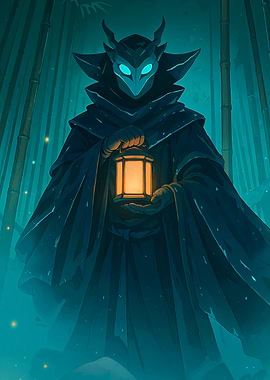 Mysterious Figure with Lantern in Forest