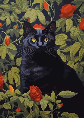 Black Cat in Floral Garden