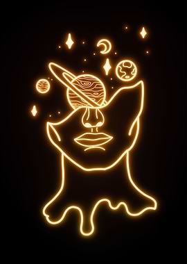 Neon Face with Planets and Stars